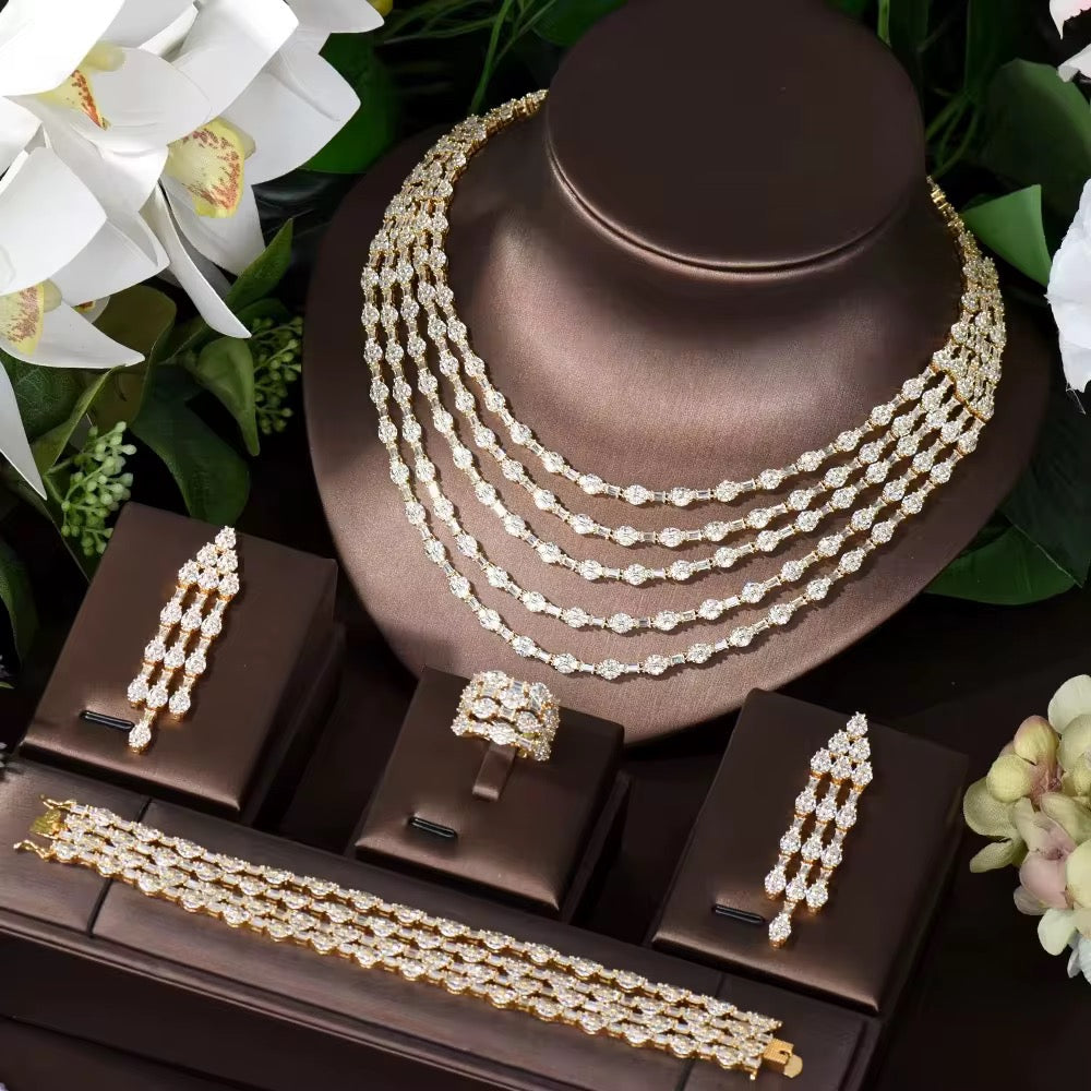 طقم مجوهرات فاخر من الزركون - بريق يشبه الألماس، مطلي بالذهب الأبيض