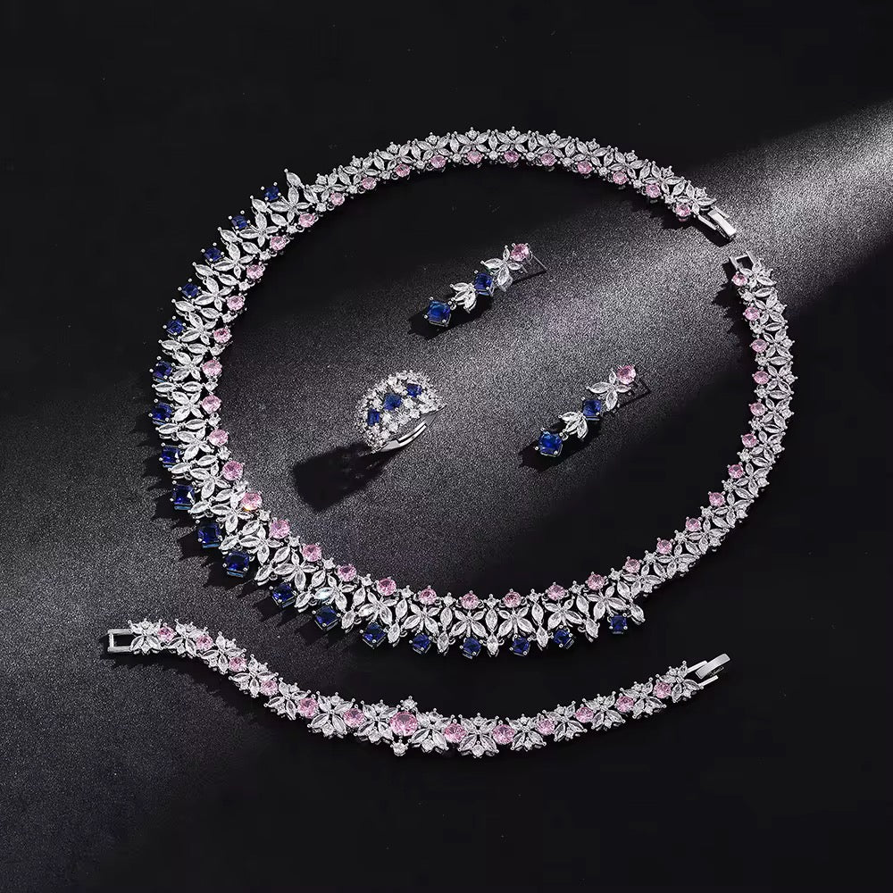 طقم مجوهرات زفاف فاخر من الفضة الإسترلينية S925 وأحجار الزركون الملكية - 4 قطع