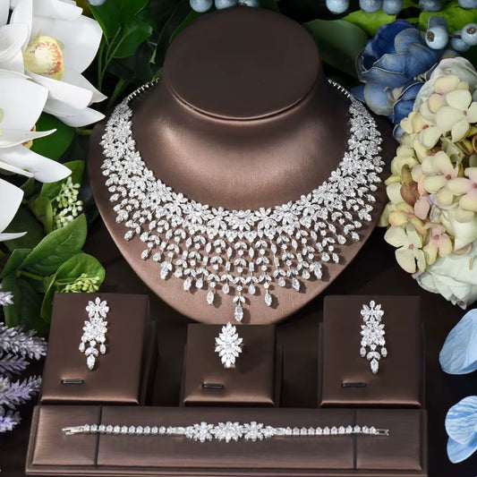 طقم مجوهرات زريكون فاخر مطلي بالذهب الأبيض - آمن للبشرة الحساسة