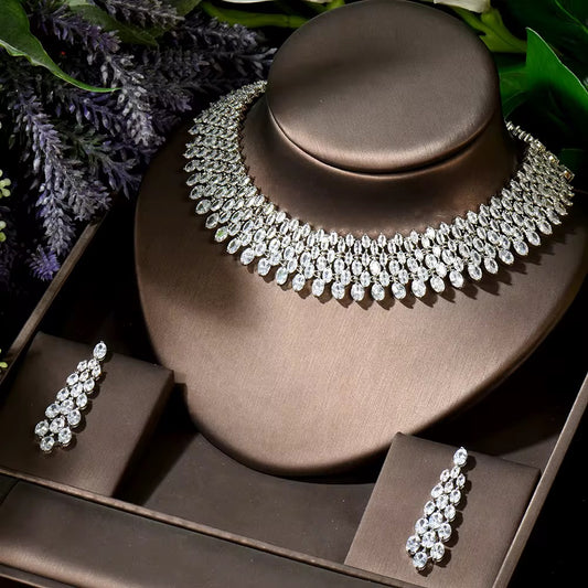 طقم مجوهرات زريكون فاخر مطلي بالذهب الأبيض - آمن للبشرة الحساسة