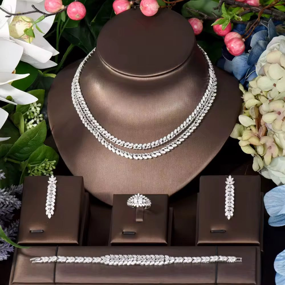 طقم مجوهرات زريكون فاخر مطلي بالذهب الأبيض - آمن للبشرة الحساسة