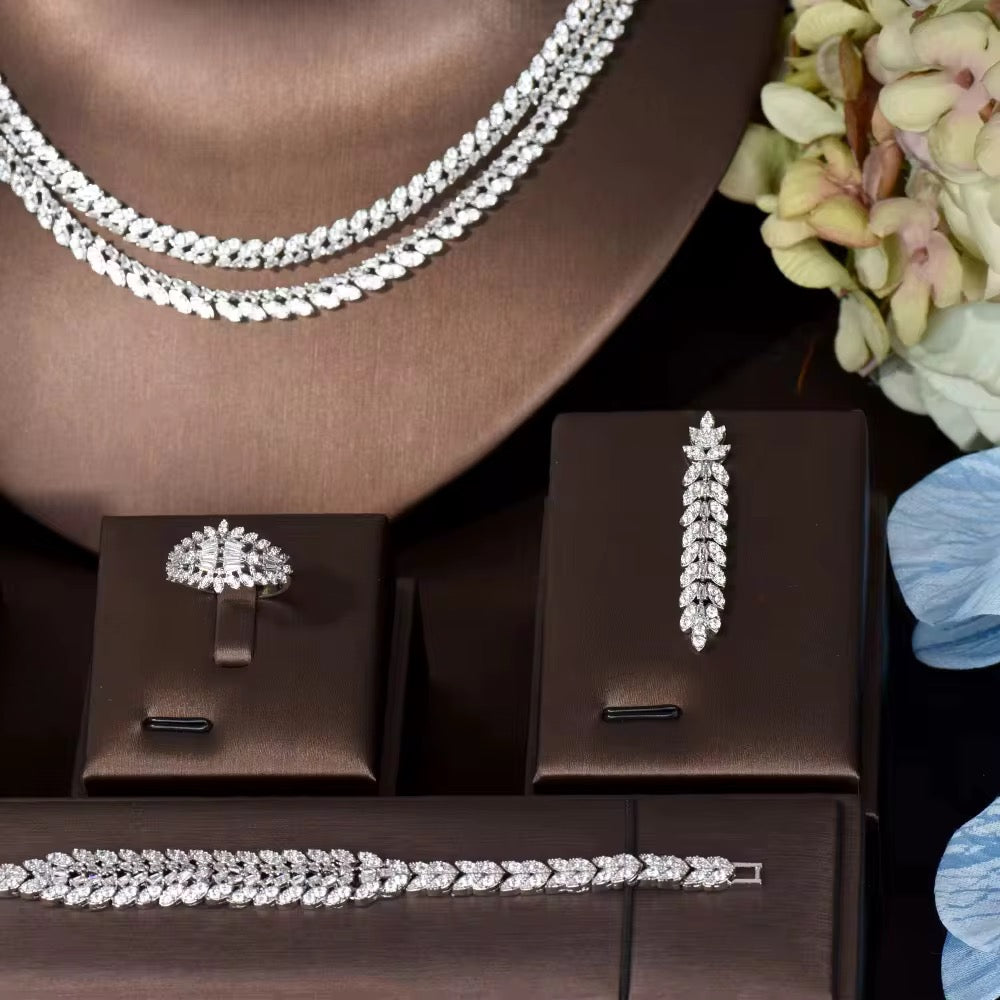 طقم مجوهرات زريكون فاخر مطلي بالذهب الأبيض - آمن للبشرة الحساسة