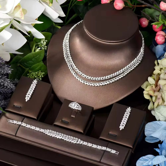 طقم مجوهرات زريكون فاخر مطلي بالذهب الأبيض - آمن للبشرة الحساسة