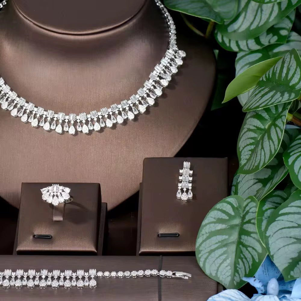 طقم مجوهرات زريكون فاخر مطلي بالذهب الأبيض - آمن للبشرة الحساسة