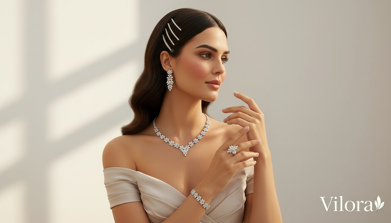 طقم زريكون فاخر وآمن - مطلي بالذهب الأبيض