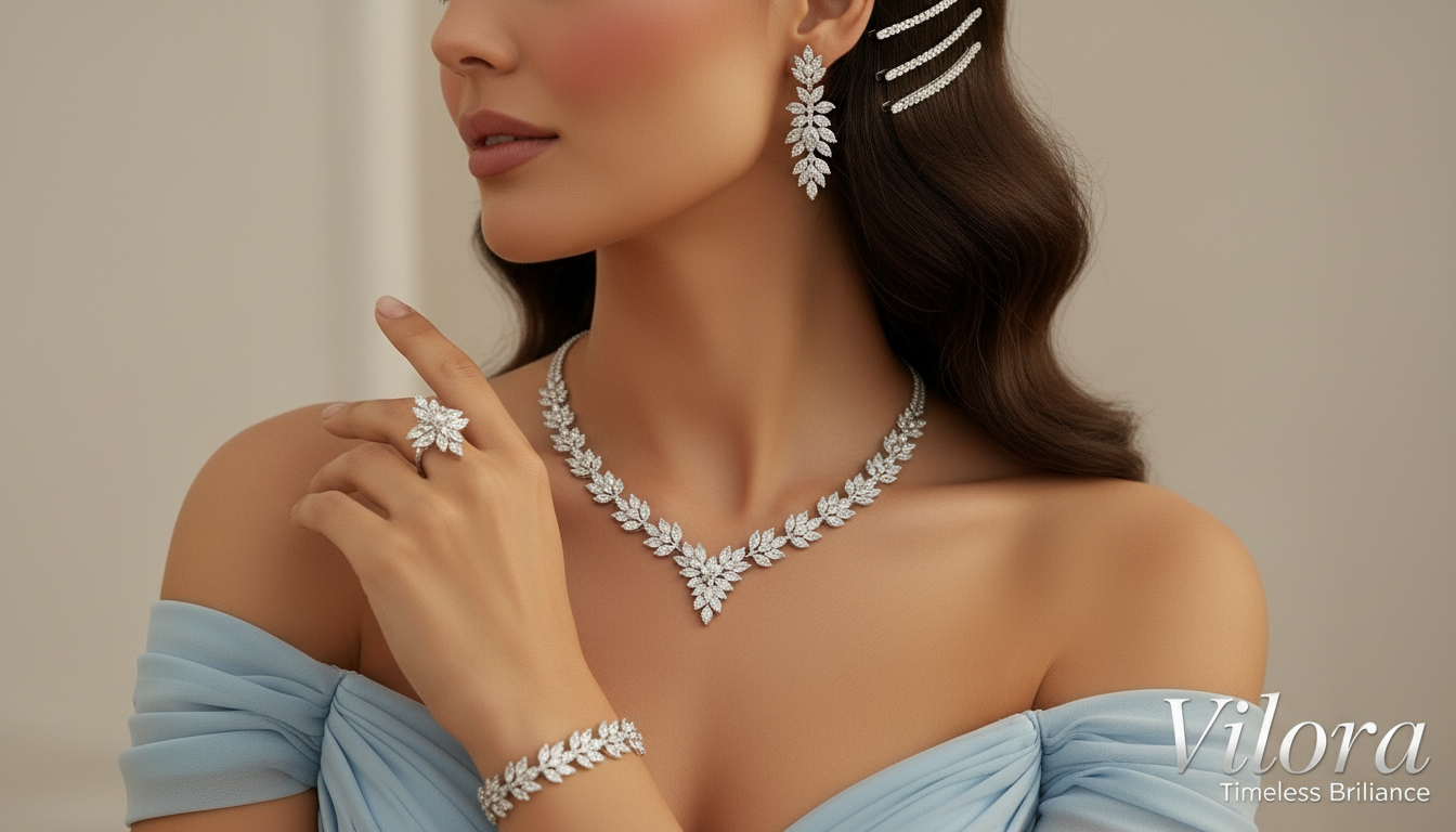 طقم زريكون فاخر وآمن - مطلي بالذهب الأبيض