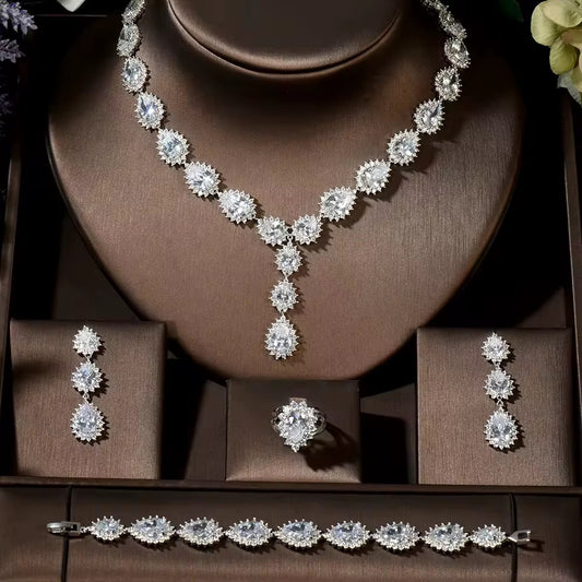 مجوهرات زركون فاخرة، دقة ألماس، مطلي بالفضة عالية الجودة وخالي من التحسس.