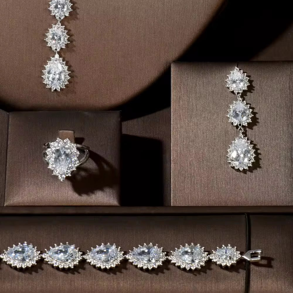 مجوهرات زركون فاخرة، دقة ألماس، مطلي بالفضة عالية الجودة وخالي من التحسس.