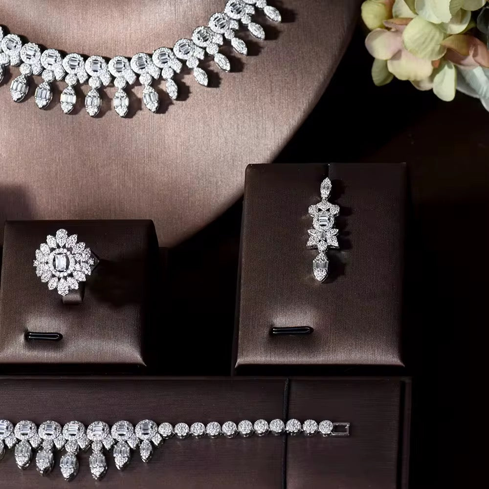 مجوهرات زركون فاخرة، دقة ألماس، مطلي بالفضة عالية الجودة وخالي من التحسس.