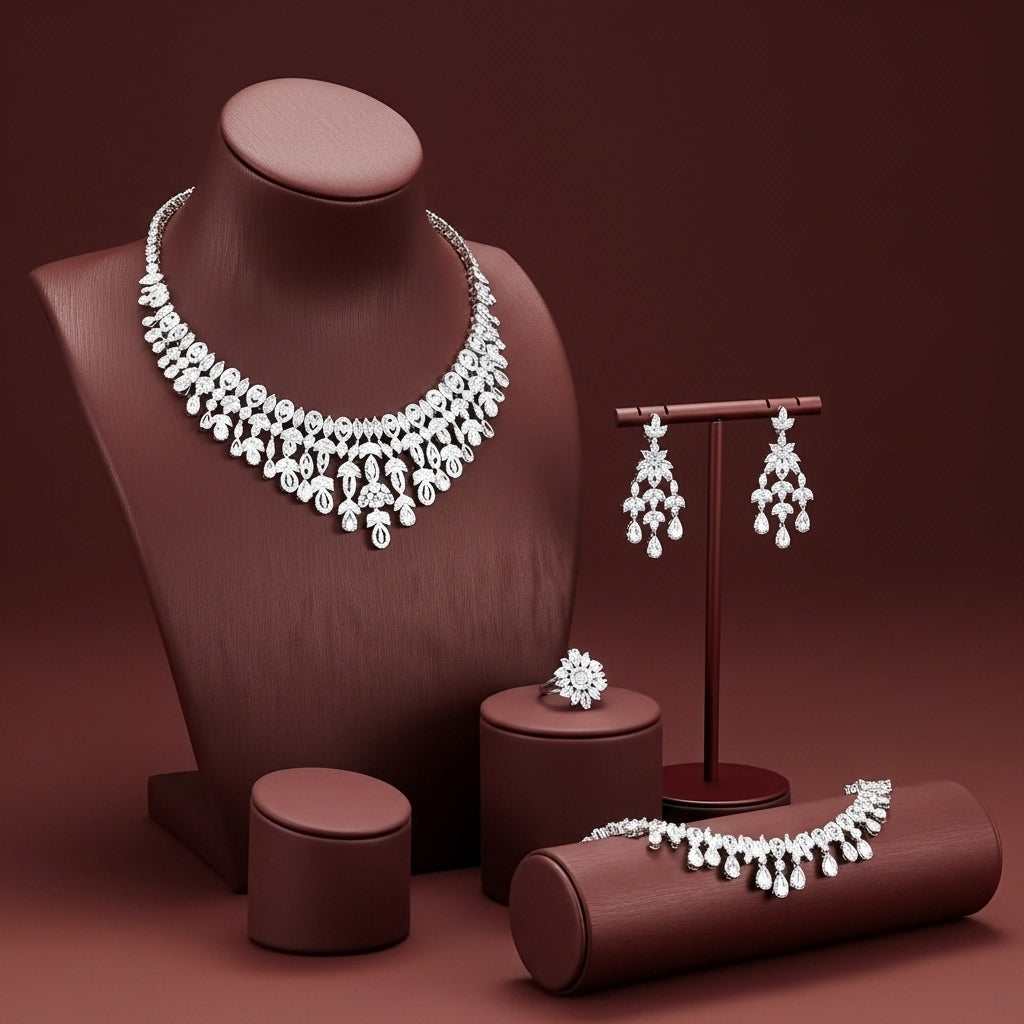 مجوهرات زركون فاخرة، دقة ألماس، مطلي بالفضة عالية الجودة وخالي من التحسس.