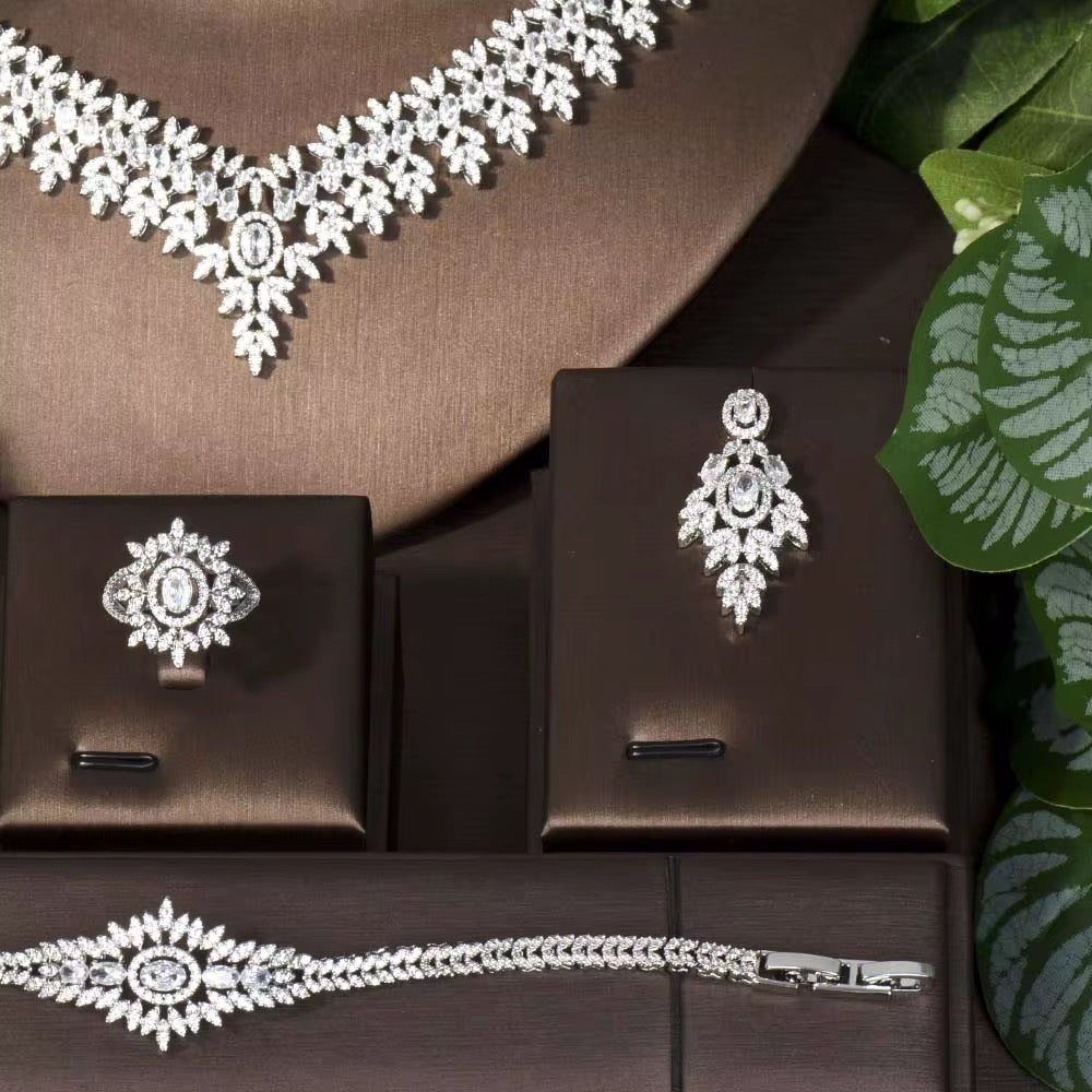 مجوهرات زركون فاخرة، دقة ألماس، مطلي بالفضة عالية الجودة وخالي من التحسس.