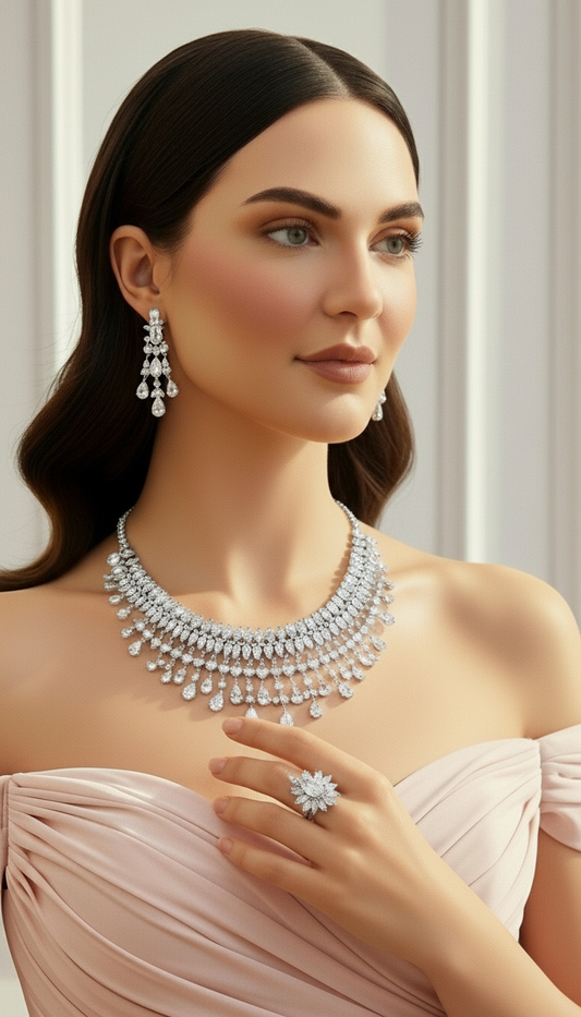 طقم مجوهرات زركون فاخر ببريق يشبه الألماس - مطلي بالذهب الأبيض، مضاد للحساسية