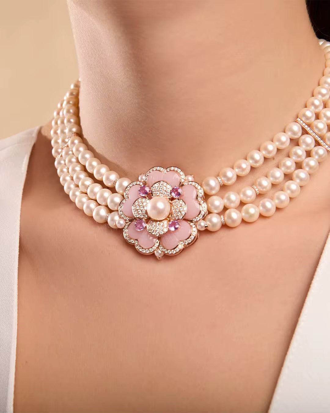Pearl Blossom & Zircon Set – Delicate Shell Design