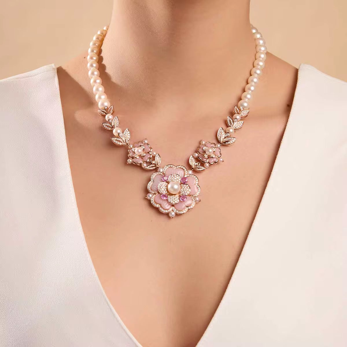 Pearl Blossom & Zircon Set – Delicate Shell Design