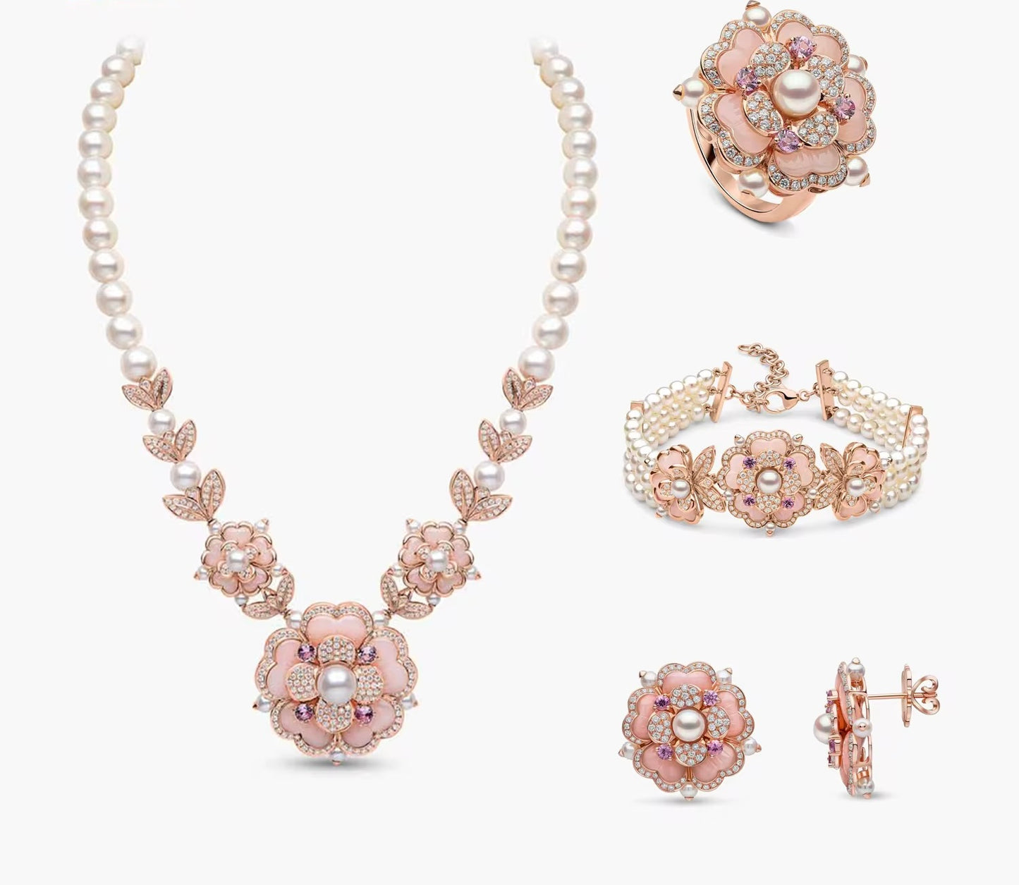 Pearl Blossom & Zircon Set – Delicate Shell Design