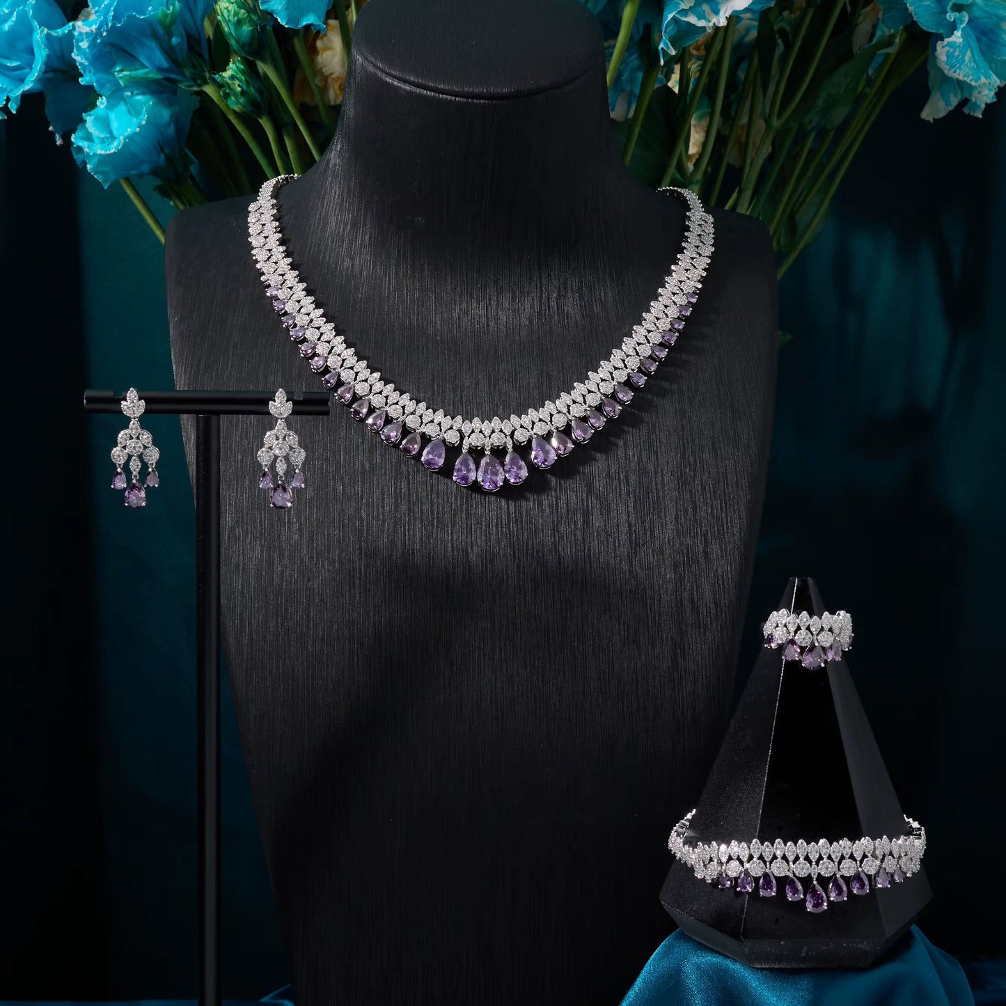 طقم فاخر من الزركون المصقول بالألماس - مطلي بالروديوم/الذهب الأبيض