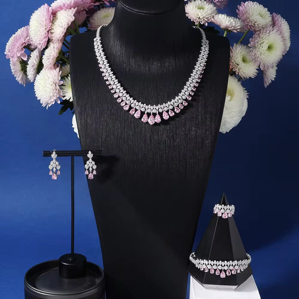 طقم فاخر من الزركون المصقول بالألماس - مطلي بالروديوم/الذهب الأبيض