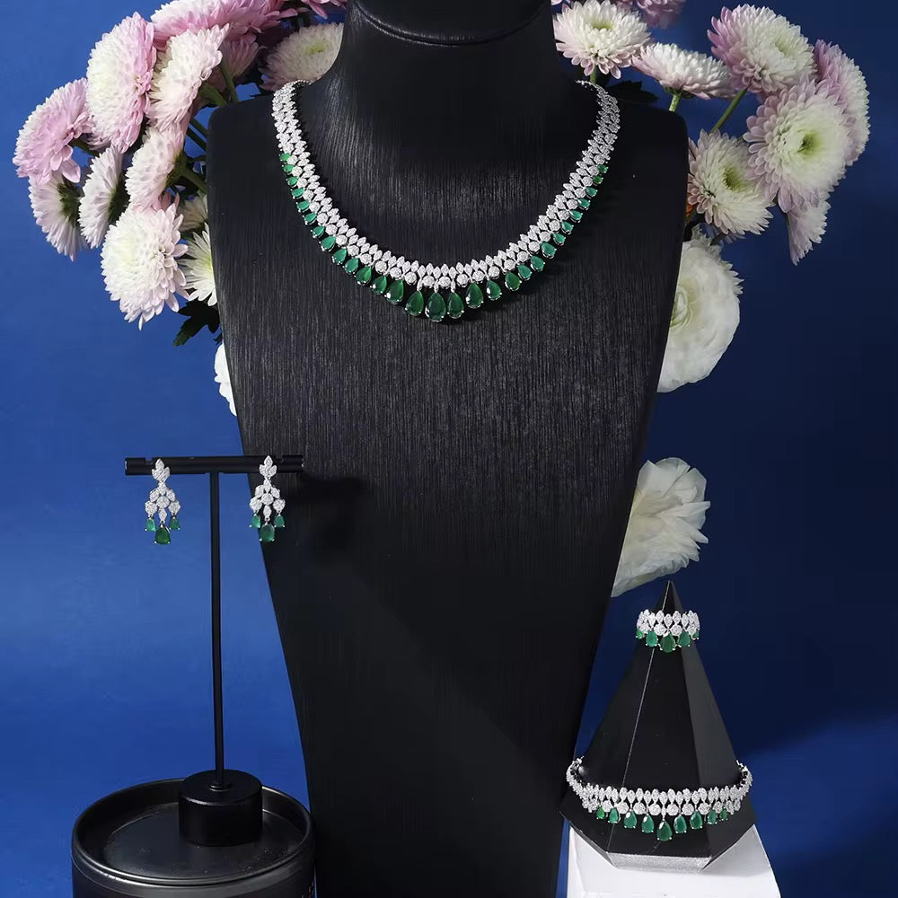 طقم فاخر من الزركون المصقول بالألماس - مطلي بالروديوم/الذهب الأبيض