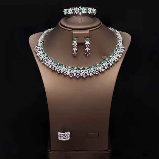 طقم مجوهرات زفاف فاخر من الفضة الإسترلينية S925 وأحجار الزركون الملكية - 4 قطع
