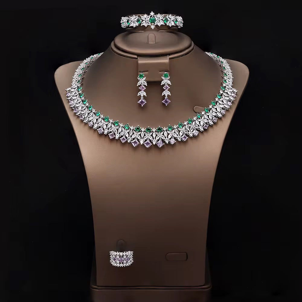 طقم مجوهرات زفاف فاخر من الفضة الإسترلينية S925 وأحجار الزركون الملكية - 4 قطع
